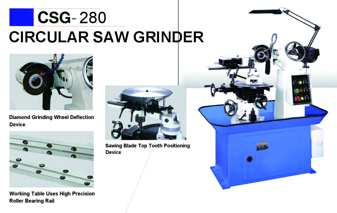 Saw blade grinder (carbide saw sharpener). Uses diamond grinding wheel, high precision roller bearing rail for working table.